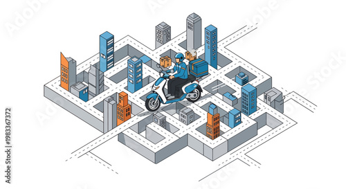 Robot navigating through city maze with skyscrapers and buildings