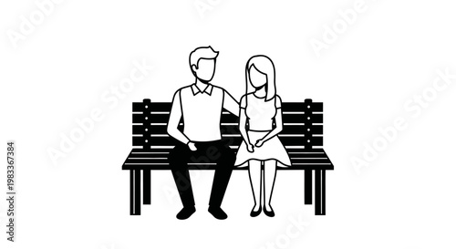 Couple sitting on bench illustration black and white love and togetherness