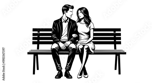 Couple sitting on bench looking at each other in black and white vector