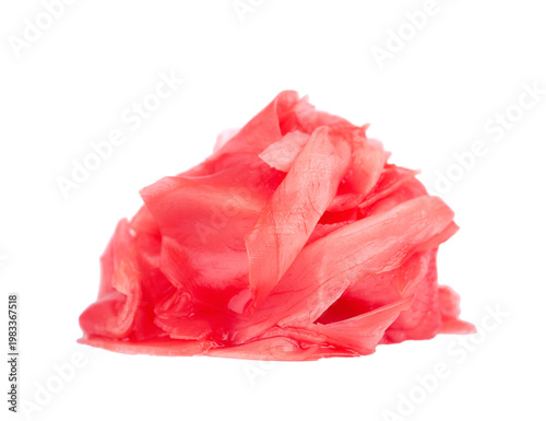 Pickled ginger slices isolated on white background. Heap of marinated ginger. Clipping path.