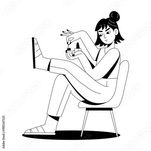 A glyph style illustration showing a person painting nails 
