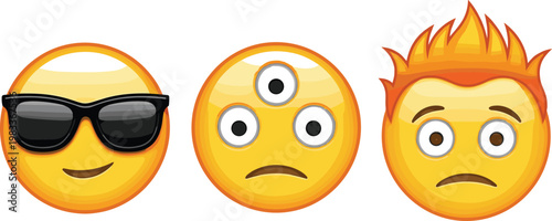 Set of Three Cartoon Emoticons with Different Facial Expressions: Sunglasses, Confused, and Surprised, Perfect for Messaging and Social Media Use