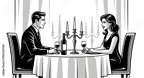 Elegant couple dining at a romantic table with candles and wine