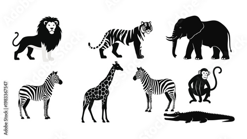 A collection of black and white silhouettes depicting various african wildlife animals high quality professional detailed