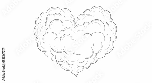 Heart shaped cloud illustration in grayscale on white background copy space