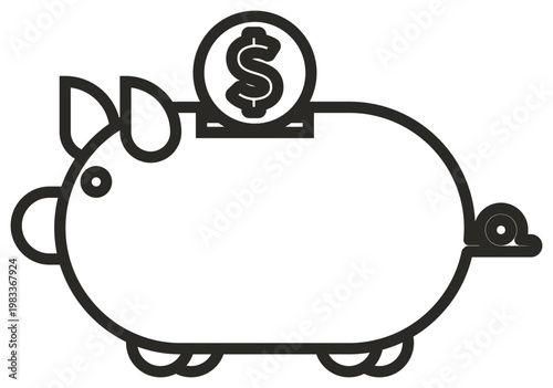 Minimalist black and white vector line art icon of a piggy bank with a dollar coin being inserted into the slot, symbolizing savings, financial planning, banking, investment, and wealth.