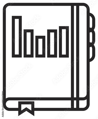 Black outline vector icon of a business report notebook or planner with a bar chart on the cover, featuring a bookmark and index tabs, isolated on a white background for professional use.