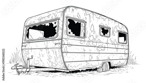 Rusty abandoned trailer vector illustration showing damaged caravan in field.