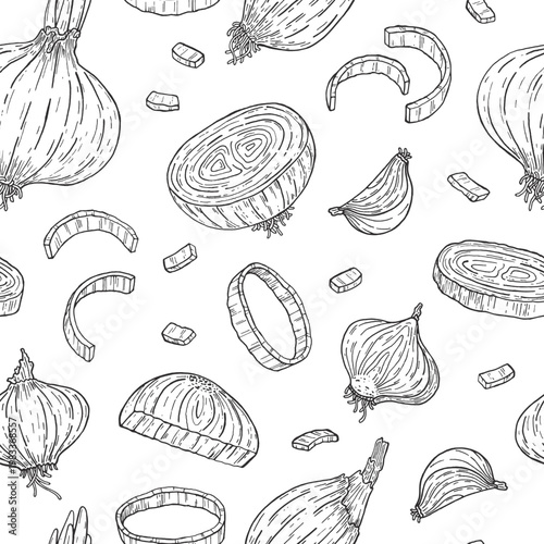Seamless pattern of onions rings and slices. Sketch style. Doodle. Fresh, organic vegetables. Healthy food. Herbs, fragrant spices. Vector illustration.