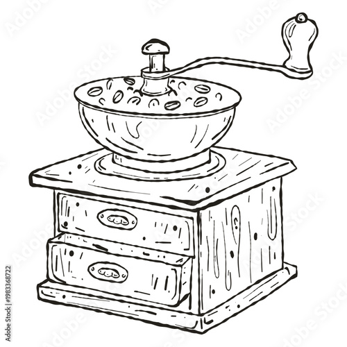 Manual Coffee Grinder Hand-Drawn Ink Illustration, Vintage Mill Sketch Isolated Vector
