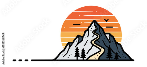 Mountain silhouette against setting sun scenic graphic design
