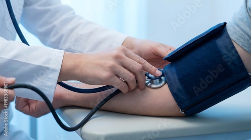 A medical professional's hands adjust a blood pressure cuff on a patient's arm while holding a stethoscope during a health check.