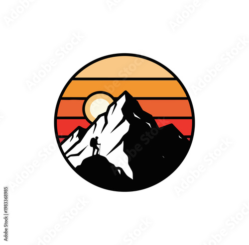 Mountain climber silhouette in sunset circle graphic