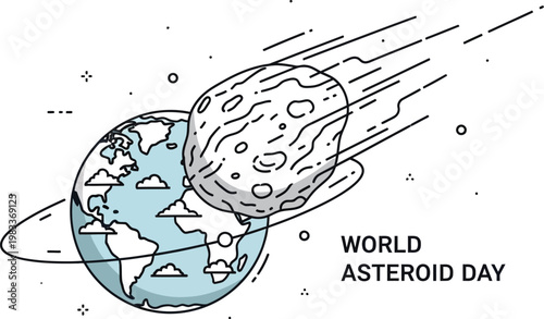 Large asteroid flying through space toward the planet earth depicted in a simple line art style for awareness event graphic