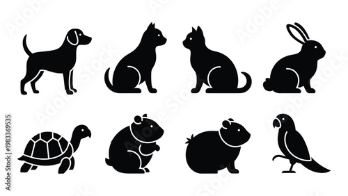 A collection of simple black silhouette icons depicting a dog cats rabbit and other small animals