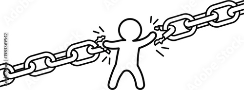 A determined stick figure triumphantly shatters a heavy metal chain, symbolizing liberation, strength, and overcoming oppressive restrictions in a powerful graphic illustration.