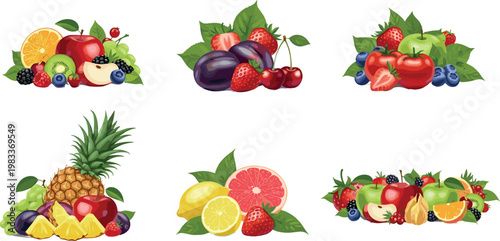 PrintCollection of fresh fruit and berry arrangements with citrus, tropical, and garden varieties