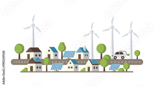 Abstract art background with solar panels and wind turbines