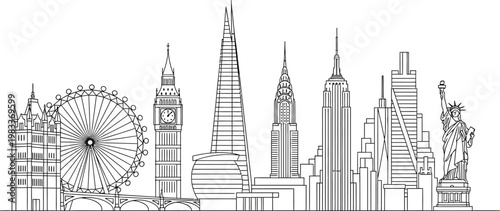 Famous world city landmarks outlined in a minimalist artistic style featuring iconic skyscrapers and structures from major global urban centers
