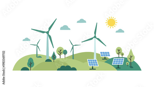 Renewable energy sources power green landscape with turbines