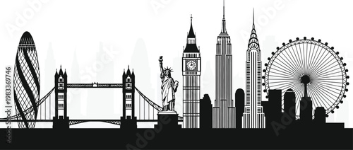 Silhouette collection of famous global landmarks combined into one artistic cityscape illustration representing major tourist attractions from around the world