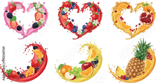 Collection of fruit juice splashes in heart and circle shapes with fresh berries and tropical fruits