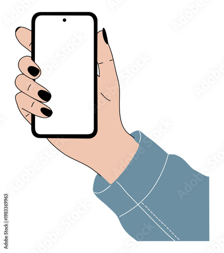 Hand holds phone with black nails and blue sleeve. Simple, clean design focuses on the device. No emotions shown, calm, neutral presentation. Ideal for tech, business, or digital services