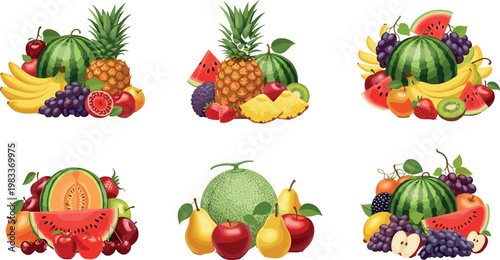 Collection of fresh fruit arrangements with watermelon, pineapple, and assorted tropical varieties