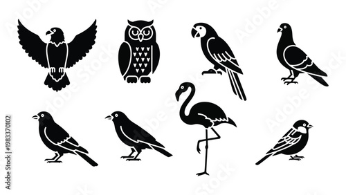 A collection of black silhouette bird icons featuring diverse species like eagles owls and flamingos