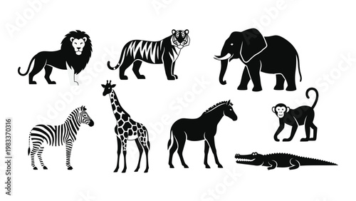 A collection of black and white animal silhouettes featuring a lion tiger elephant giraffe and more