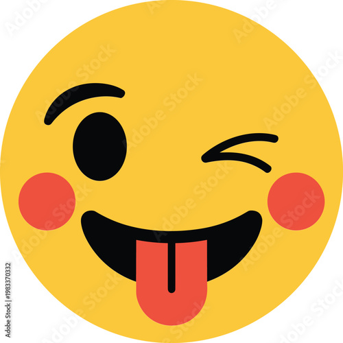 Playful winking yellow emoji face with tongue out and rosy cheeks vector illustration for social media and digital communication.