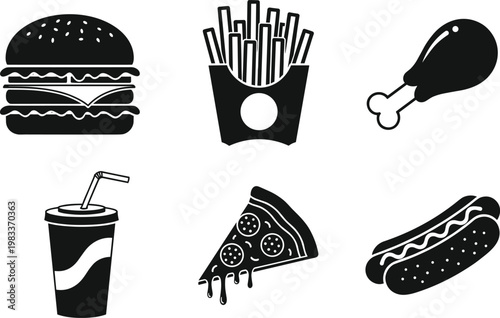 Black And White Icons Of Popular Fast Food Items burger hamburger