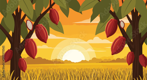 Cocoa Plantation Landscape with Ripe Cacao Pods at Sunset