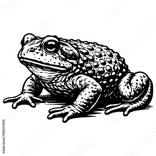 A toad sitting in front view with bumpy textured skin, big eyes and strong legs, detailed amphibian silhouette. Perfect for wildlife logos, nature posters, biology education, kids designs, stickers.