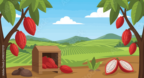 Cacao Plantation Landscape with Ripe Cocoa Pods and Harvested Fruit