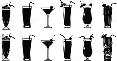 Collection of Black Silhouette Icons of Various Cocktail Glasses and Tiki Mug drink beverage