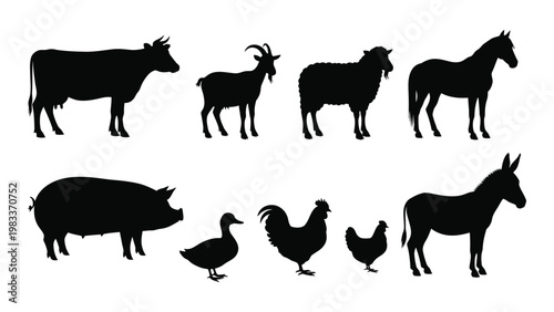 A collection of black silhouette farm animals including cows goats sheep pigs and poultry high quality