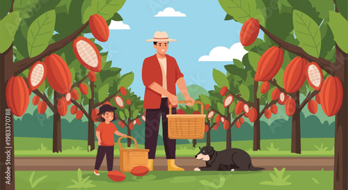 Farmer and Child Harvesting Organic Cacao Pods in a Tropical Plantation