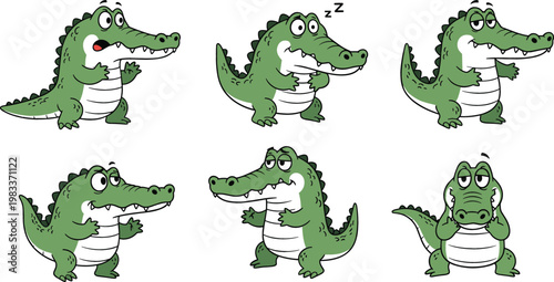 Cute crocodile cartoon character expressions set with different emotions vector illustration collection for kids design