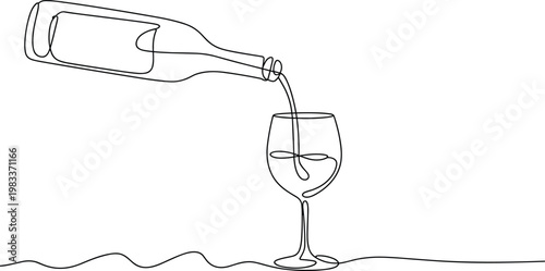 Continuous line drawing of wine being poured from a bottle into a glass Keywords: wine pouring, wine bottle, wine glass, continuous line