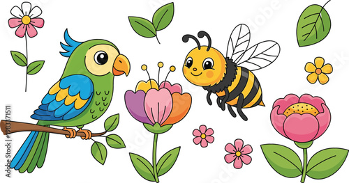Cute parrot bird and honey bee with colorful flowers and leaves cartoon vector illustration collection for nature garden design