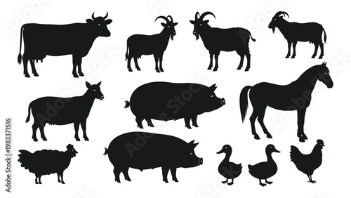 A collection of black silhouette farm animals including cows goats pigs sheep and poultry high quality