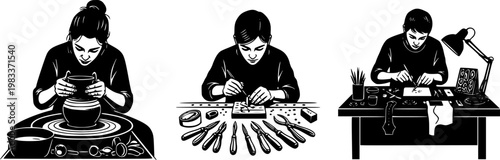 Artisanal craftsman silhouette vector working on pottery wheel representing local culture handmade craft and traditional creative skills