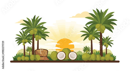 Tropical Coconut Plantation Landscape with Palm Trees and Sunset Background