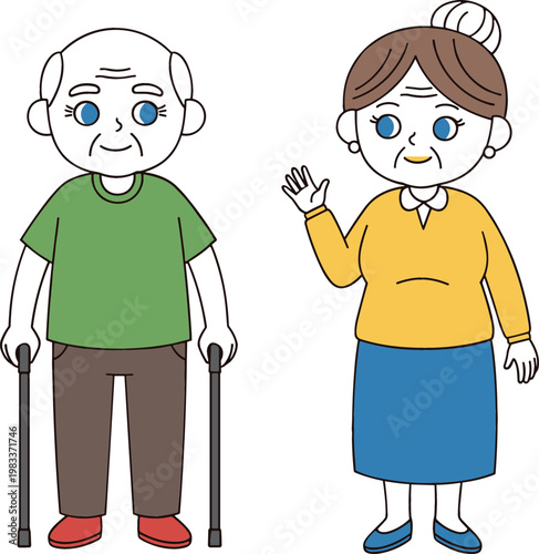 Elderly couple cartoon characters with senior man using walking stick and woman waving vector illustration for family and healthcare concept