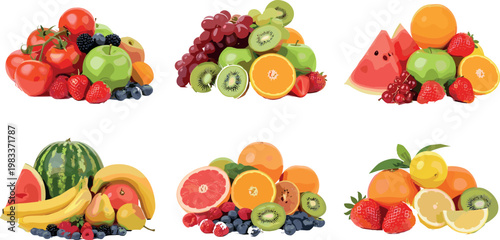 Set of fresh fruit juice splashes with citrus, berries, and tropical fruit arrangements