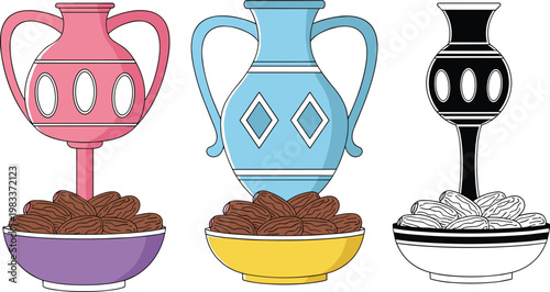 Decorative Vase and Bowl Set Featuring Colorful Patterns and Nuts, Perfect for Artistic, Home Décor, and Cultural Design Themes in Digital Illustrations