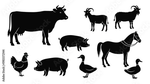 A collection of black silhouette farm animals including cows goats pigs chickens and ducks high quality