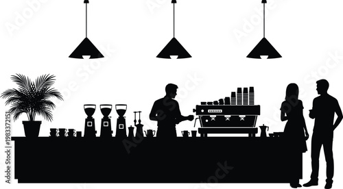 Silhouette of a Coffee Shop Interior with Barista and Customers at Counter cafe