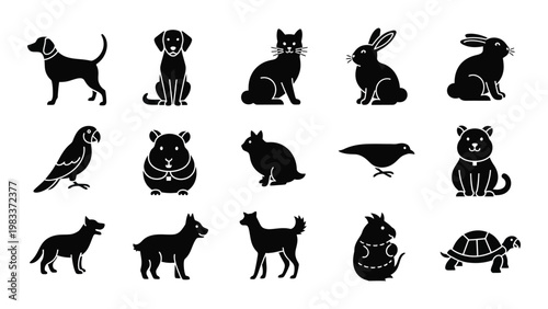 A collection of simple black silhouette icons depicting various domestic and wild animals high quality professional